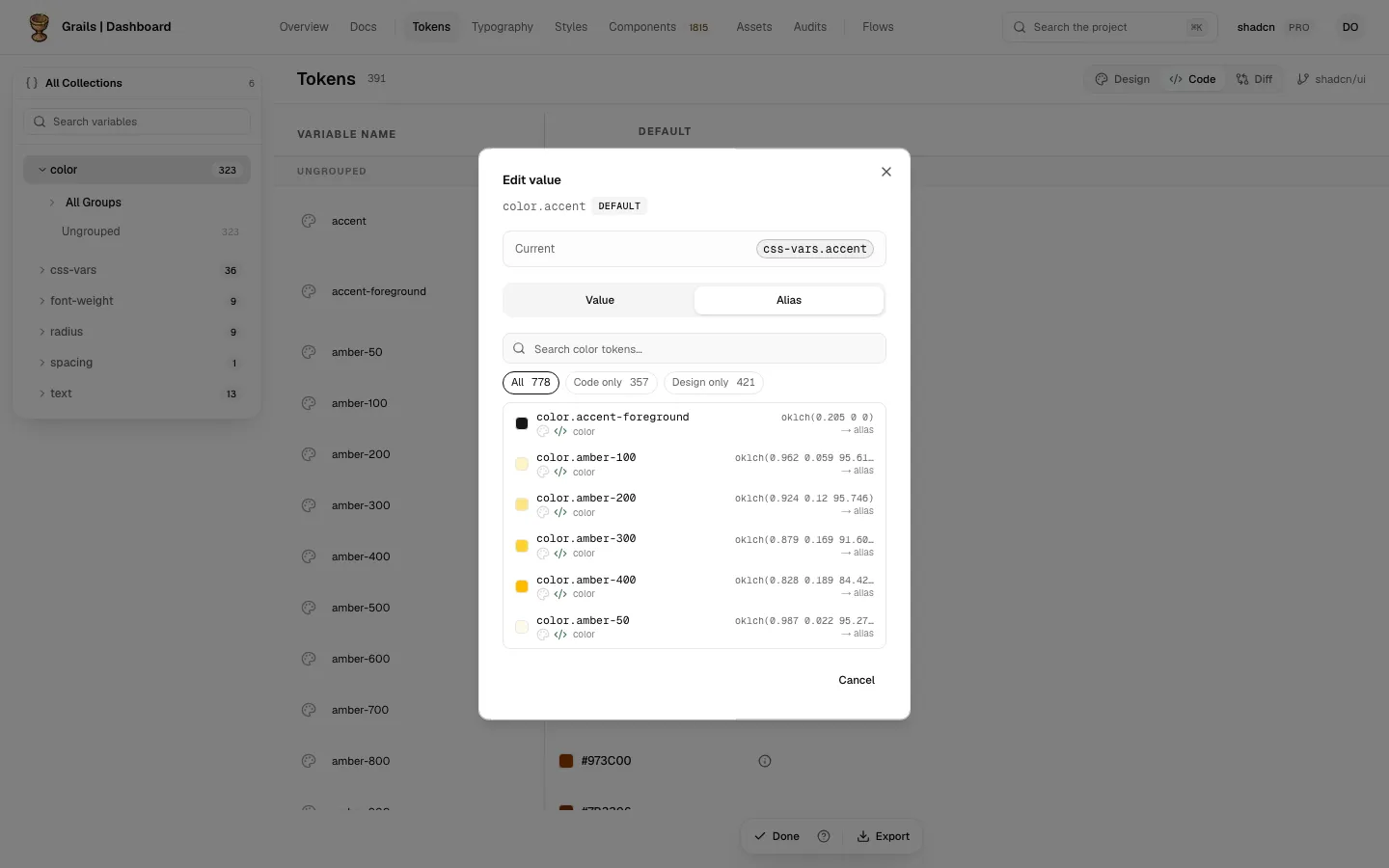 The Alias tab, with its groups and the two kinds of row
