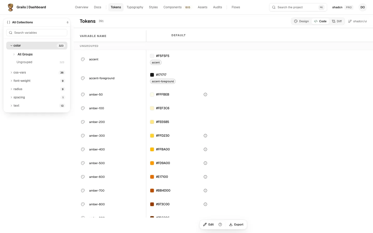 The Code side of Tokens: a repository's collections and modes in the table, and the switch in the head showing Code
