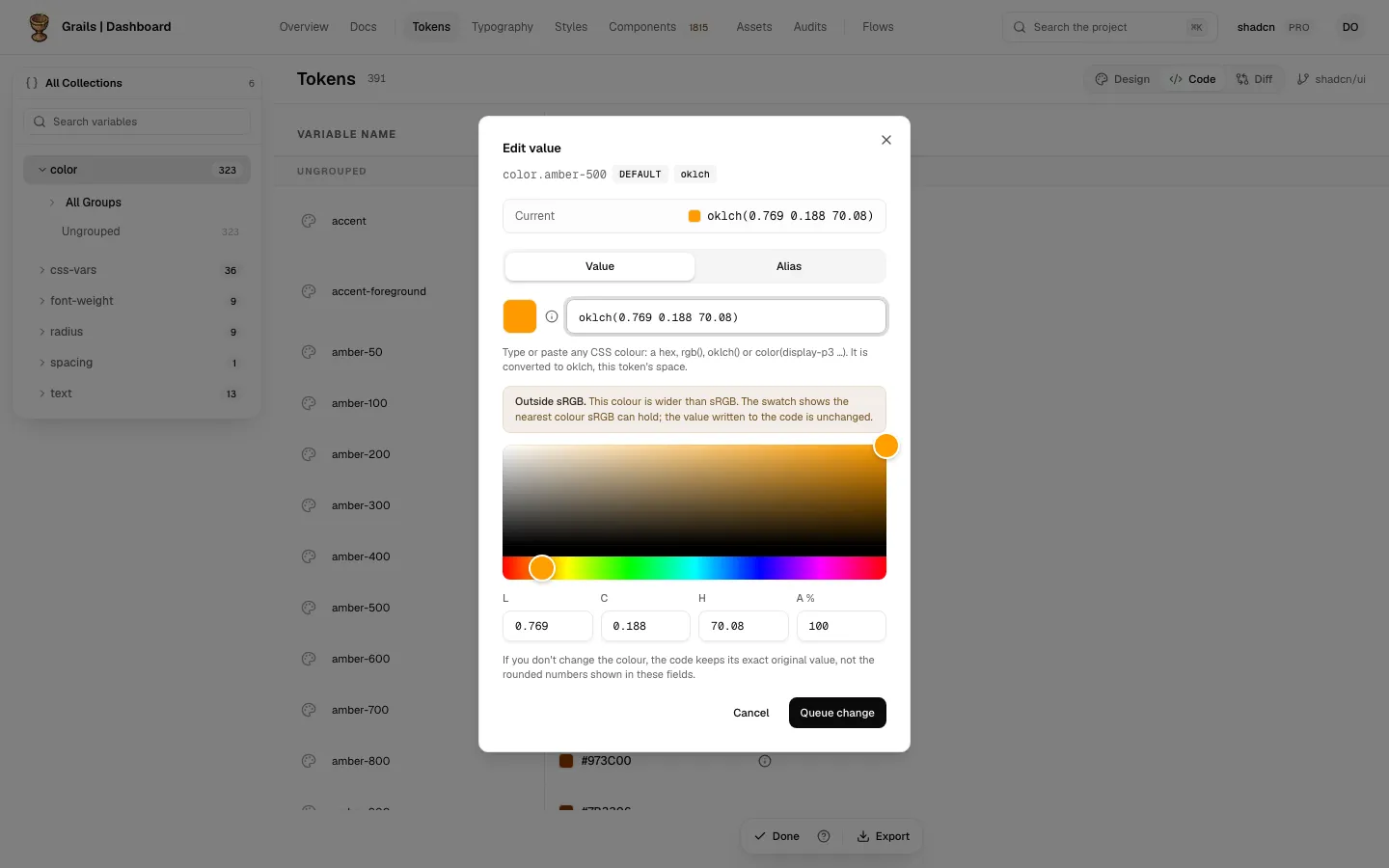 The Edit value dialog on an oklch colour token: the colour in its own space, the Outside sRGB note, the picker, the L, C and H channels and the opacity