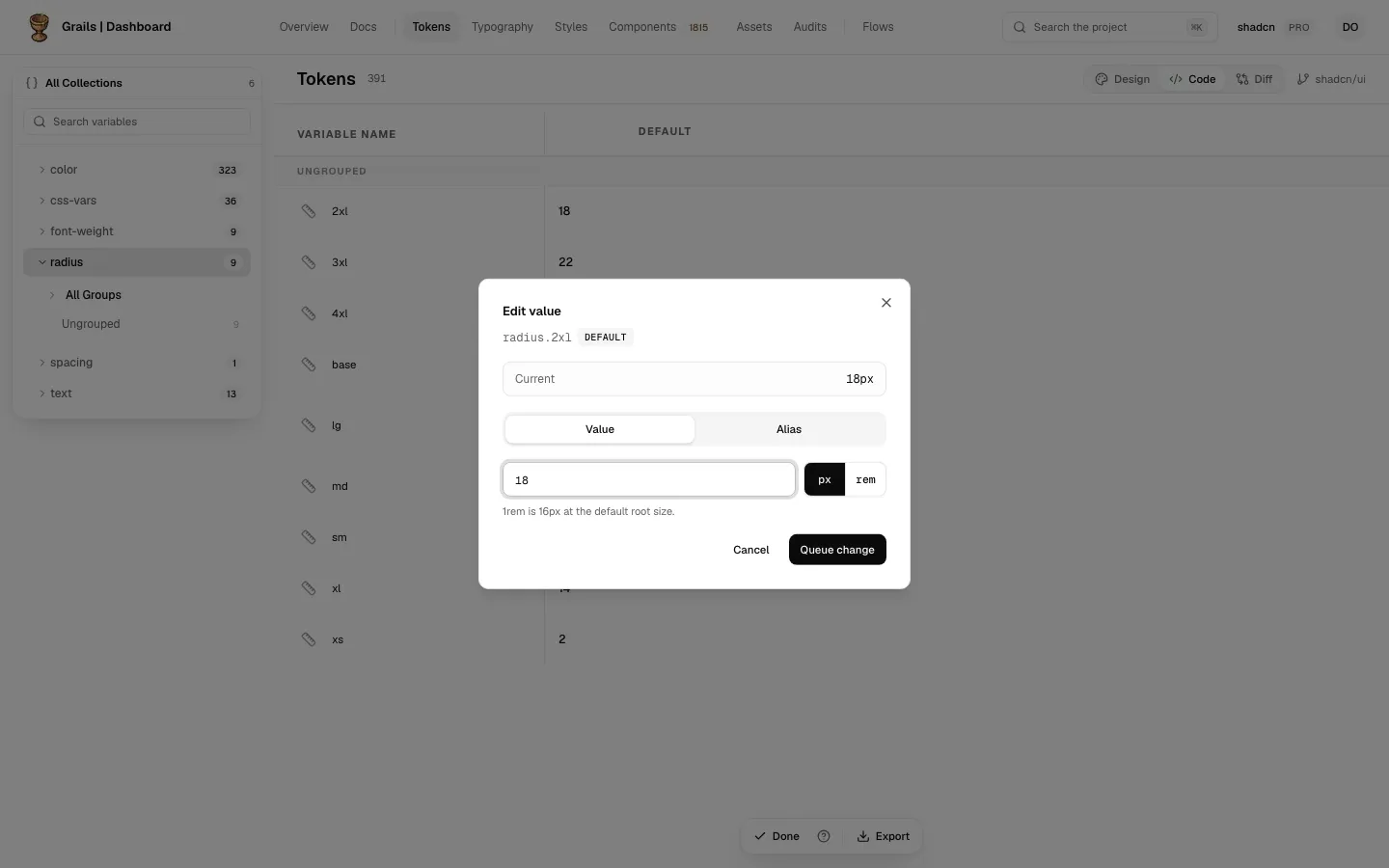 The Edit value dialog on a radius token: the number and the px | rem toggle, with the 1rem = 16px note