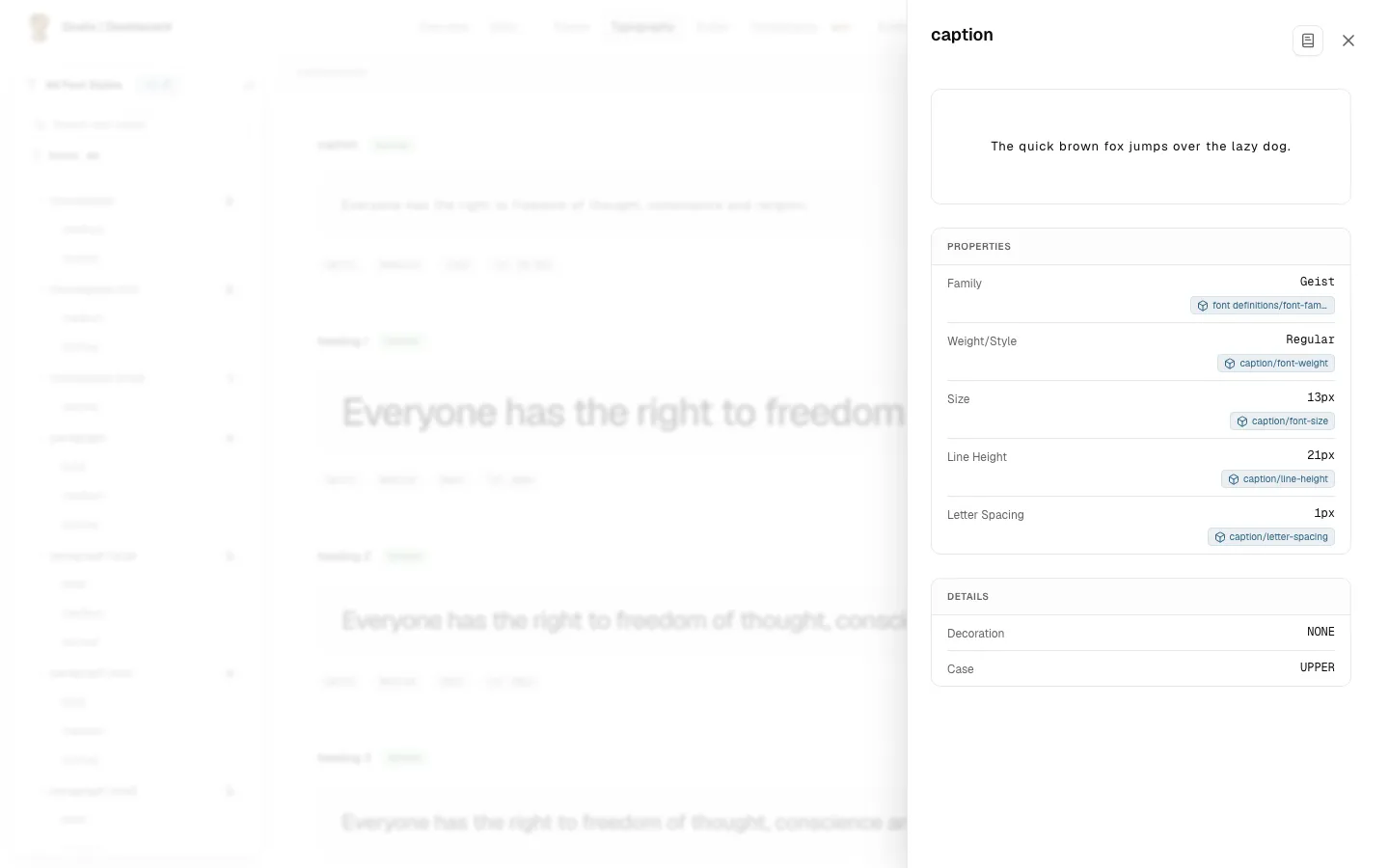 A text style's detail panel: a sample, its properties with the token behind each, and its details
