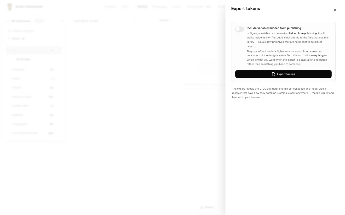 The Export tokens panel as it opens: the option for variables hidden from publishing, and Export tokens