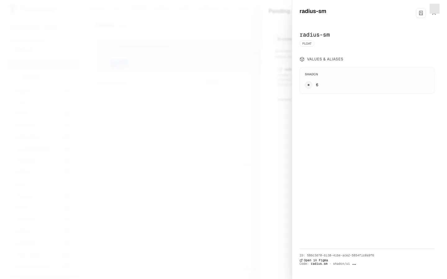 A matched Figma variable's panel, radius-sm, with "Code: radius.sm · shadcn/ui" at its foot and the ⋯ menu that holds Unmatch